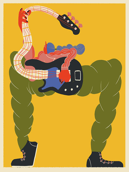 Colorful art print by Miguel Manich showing a surreal figure with braided green legs, dynamic red arms, and a bold electric guitar — a playful, modern tribute to music and rock culture.