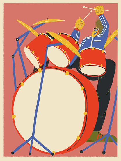 Giclée art print by Miguel Manich showing a dynamic drummer playing a vibrant red drum set, illustrated in bold colours with modern, playful lines — ideal for music lovers and creative interiors.