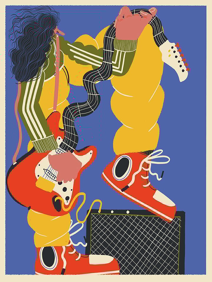 Bold 30x40 cm Giclée print by Spanish artist Miguel Manich – colorful illustration of a musician playing bass guitar with oversized shoes, curly hair, and vibrant details – printed on 190 gsm enhanced matte paper, perfect for music lovers and modern interiors.