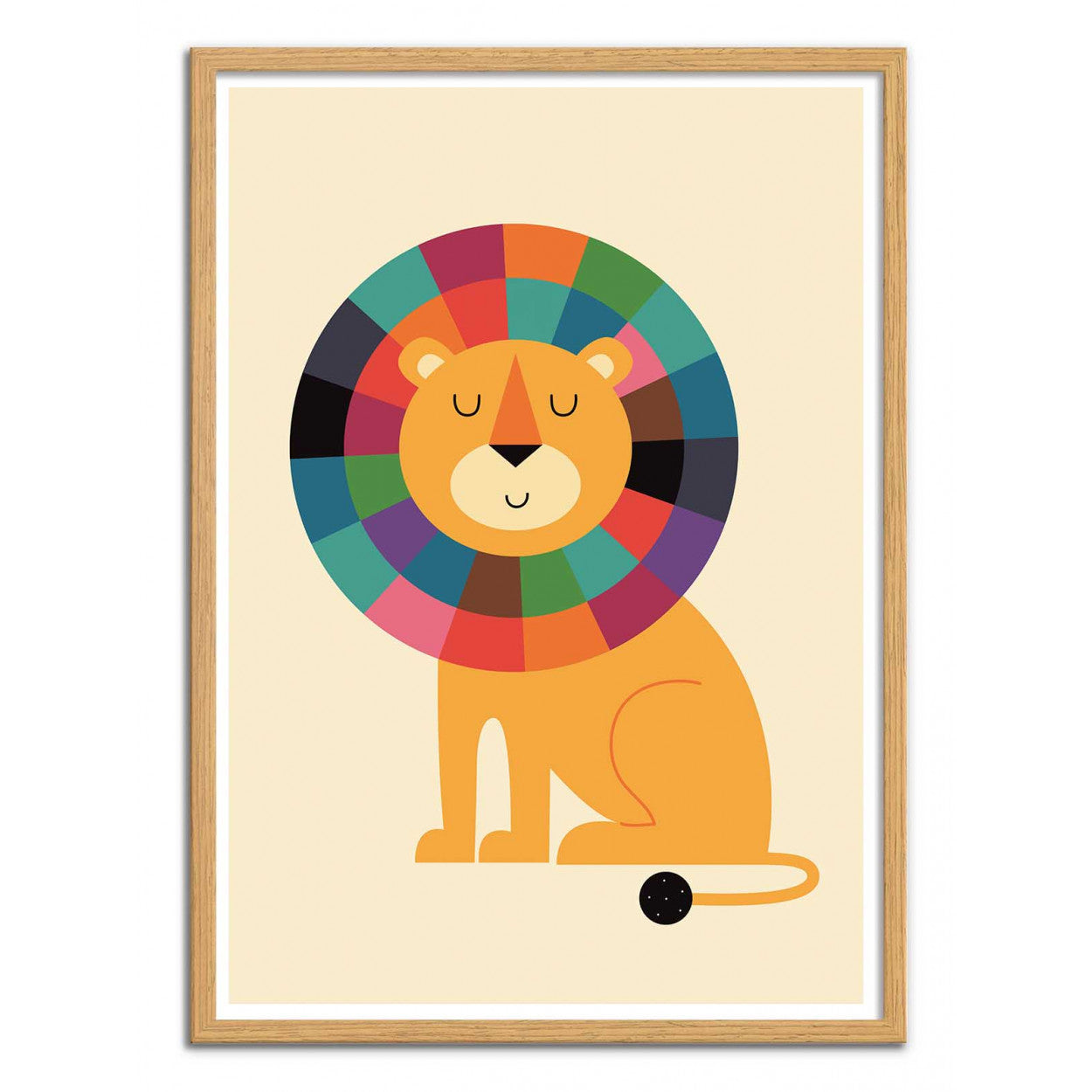 Mister Confidence by Andy Westface – 30x40 cm children’s wall art print featuring a minimalist cartoon lion with a multicolored mane, closed eyes, and a peaceful smile. Playful and colorful illustration for kids’ rooms and modern interiors.