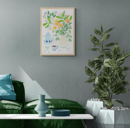 A3 art print "Afternoon Tea" by Leens featuring a pastel floral bouquet in a striped vase, vintage teapot, teacup, and dotted tablecloth. Perfect artwork for kitchens, tea lovers, or serene home corners.