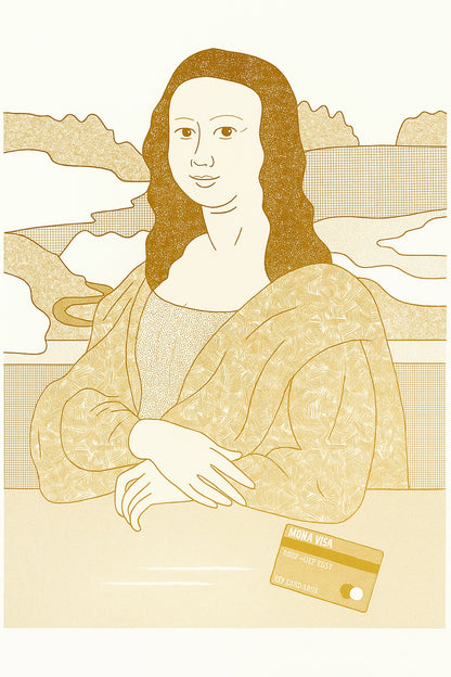 Humorous risograph art print titled “Mona Visa” by Studio Stoutpoep, featuring a parody of the Mona Lisa with a gold credit card on the table. A3 print in warm yellow tones, made in Belgium.
