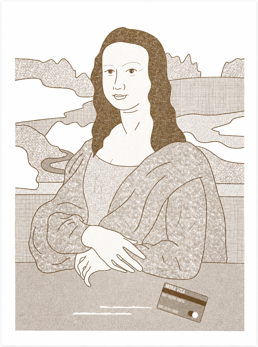Mona Visa by Studio Stoutpoep, humorous Mona Lisa inspired risograph print in warm golden tones, featuring a credit card and minimalist landscape background. Vertical contemporary wall art for modern home decor, office spaces, and design-focused interiors.
