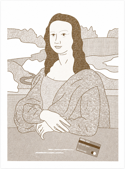Mona Visa by Studio Stoutpoep, humorous Mona Lisa inspired risograph print in warm golden tones, featuring a credit card and minimalist landscape background. Vertical contemporary wall art for modern home decor, office spaces, and design-focused interiors.