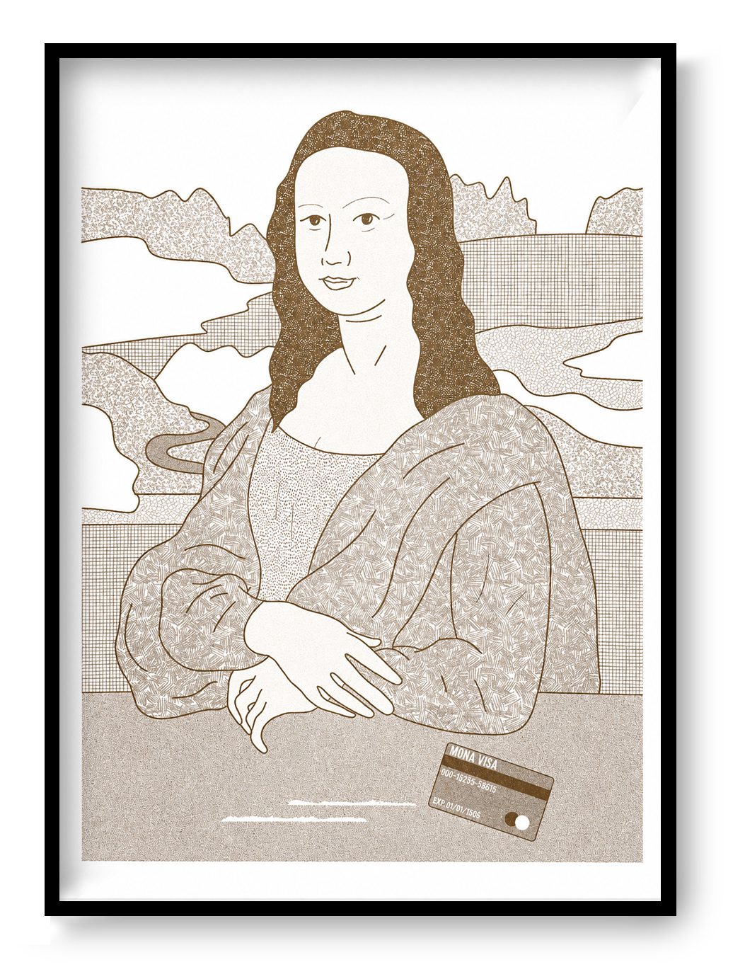 Mona Visa by Studio Stoutpoep, humorous Mona Lisa inspired risograph print in warm golden tones, featuring a credit card and minimalist landscape background. Vertical contemporary wall art for modern home decor, office spaces, and design-focused interiors.