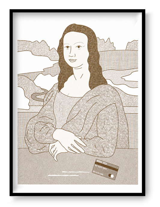 Mona Visa by Studio Stoutpoep, humorous Mona Lisa inspired risograph print in warm golden tones, featuring a credit card and minimalist landscape background. Vertical contemporary wall art for modern home decor, office spaces, and design-focused interiors.