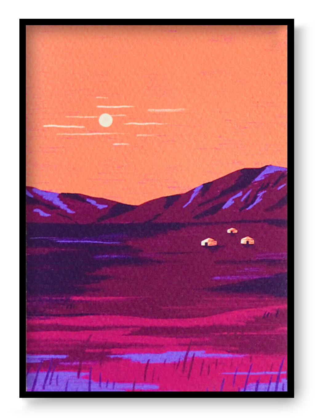 Vertical Mongolia art print by Linde Raats, showing purple mountains, three small cabins and a pale sun in coral, pink and violet tones; A6 giclée wall art.