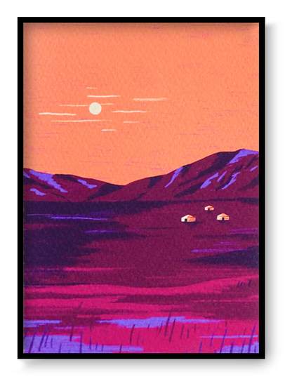Vertical Mongolia art print by Linde Raats, showing purple mountains, three small cabins and a pale sun in coral, pink and violet tones; A6 giclée wall art.
