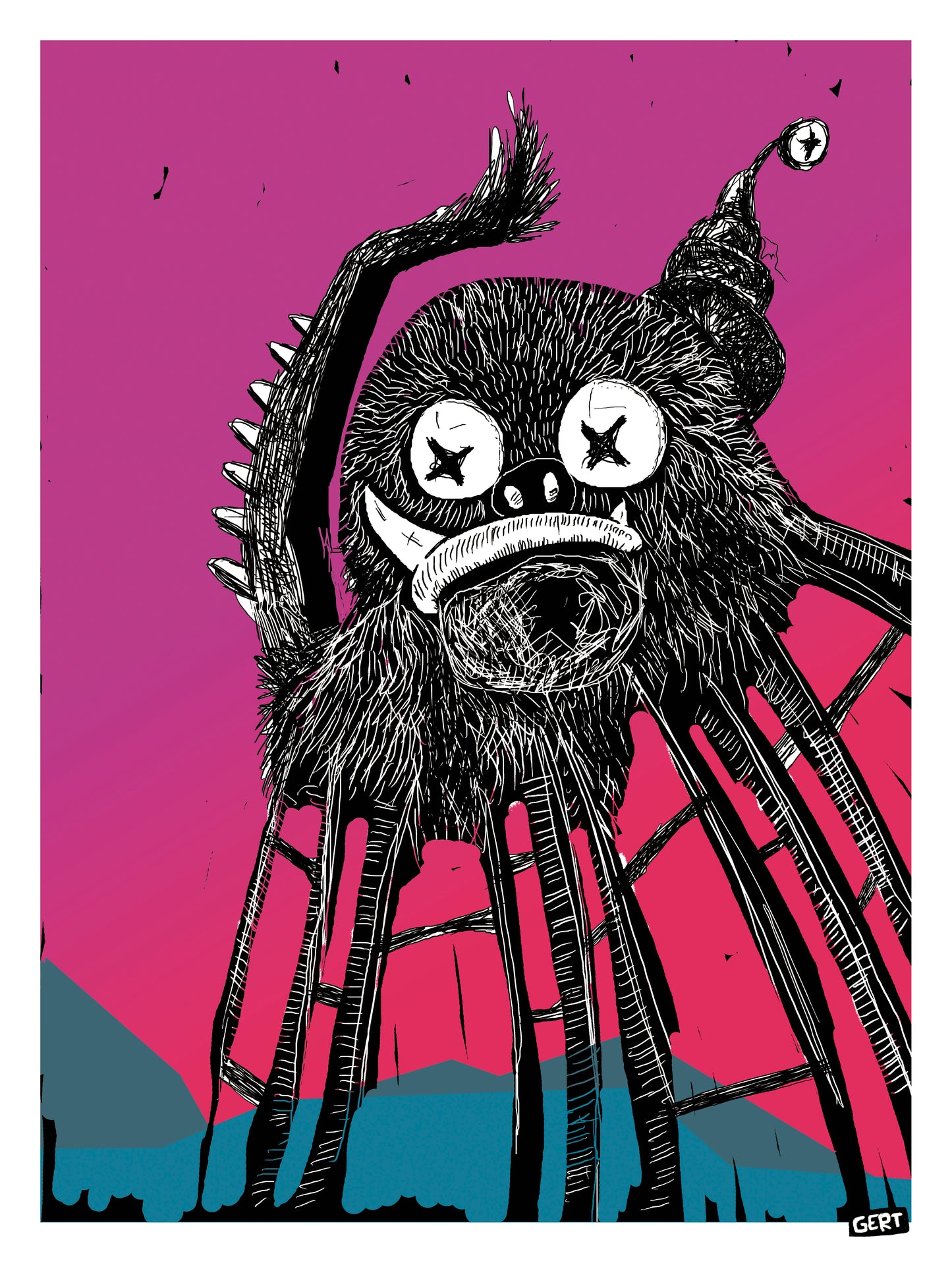 Stranger Thing by Gert Paenen, surreal digital art print featuring a strange black furry creature with long insect-like legs, sharp teeth, and oversized crossed-out eyes against a vibrant pink background, contemporary dark pop art illustration.