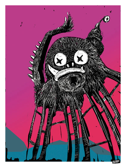 Stranger Thing by Gert Paenen, surreal digital art print featuring a strange black furry creature with long insect-like legs, sharp teeth, and oversized crossed-out eyes against a vibrant pink background, contemporary dark pop art illustration.