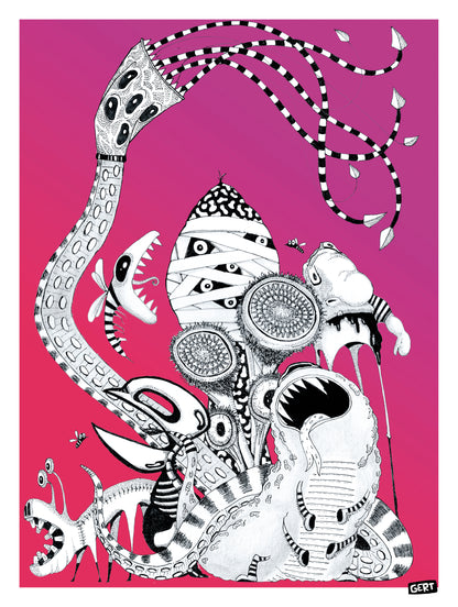 Monster Party by Gert Paenen, surreal black and white monster illustration on a bright pink background featuring strange creatures, abstract faces, tentacles, and playful contemporary graphic art.