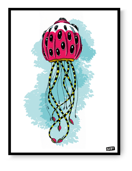 Monster 1 by Gert Paenen digital art print featuring a whimsical pink creature with multiple eyes, long striped tentacles, and surreal organic details, contemporary Belgian illustration for colorful modern wall decor.