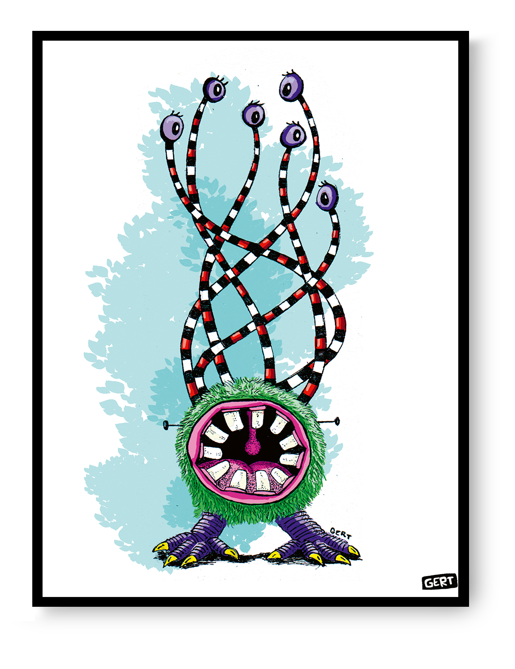 Monster 2 by Gert Paenen, colorful monster art print featuring a furry green creature with a large mouth, striped eyestalks, multiple purple eyes, and playful fantasy character design on a light blue background, contemporary Belgian illustration wall art.
