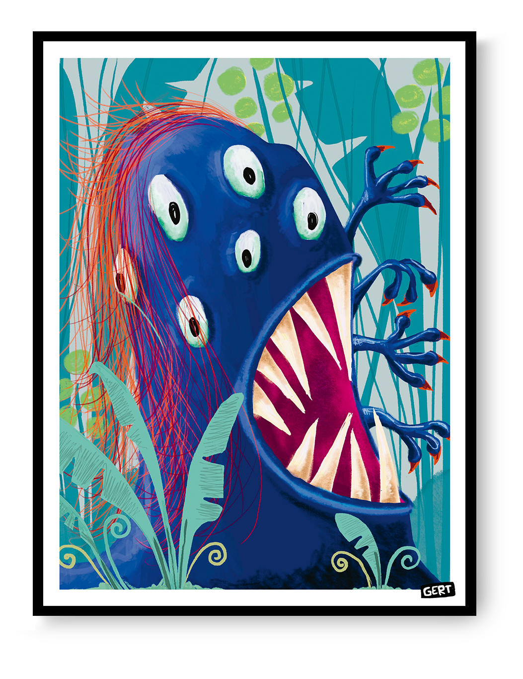 Monster Jungle by Gert Paenen, colorful fantasy monster art print featuring a blue multi-eyed creature with sharp teeth surrounded by jungle plants, contemporary illustration wall art, 13 × 18 cm digital print.