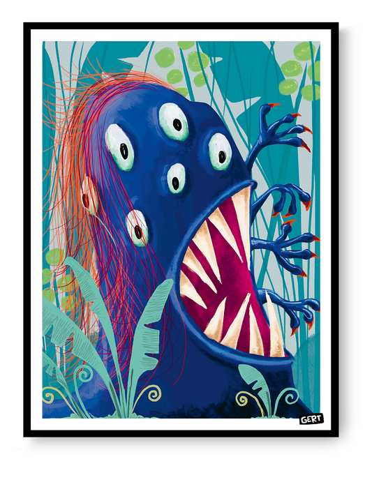 Monster Jungle by Gert Paenen, colorful fantasy monster art print featuring a blue multi-eyed creature with sharp teeth surrounded by jungle plants, contemporary illustration wall art, 13 × 18 cm digital print.