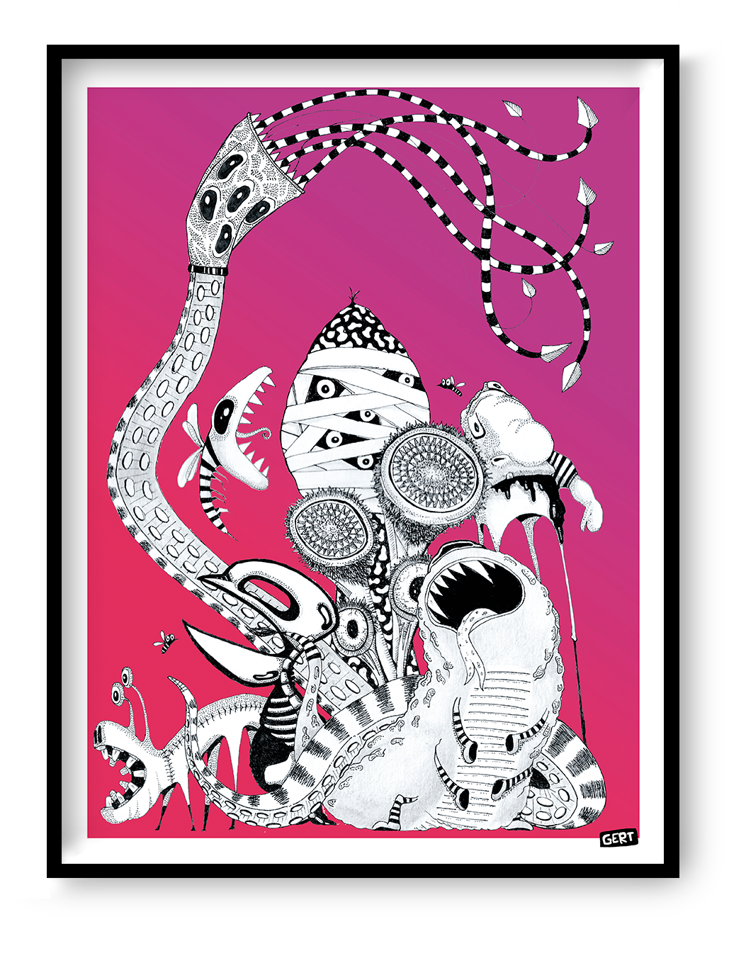 Monster Party by Gert Paenen, surreal black and white monster illustration on a bright pink background featuring strange creatures, abstract faces, tentacles, and playful contemporary graphic art.