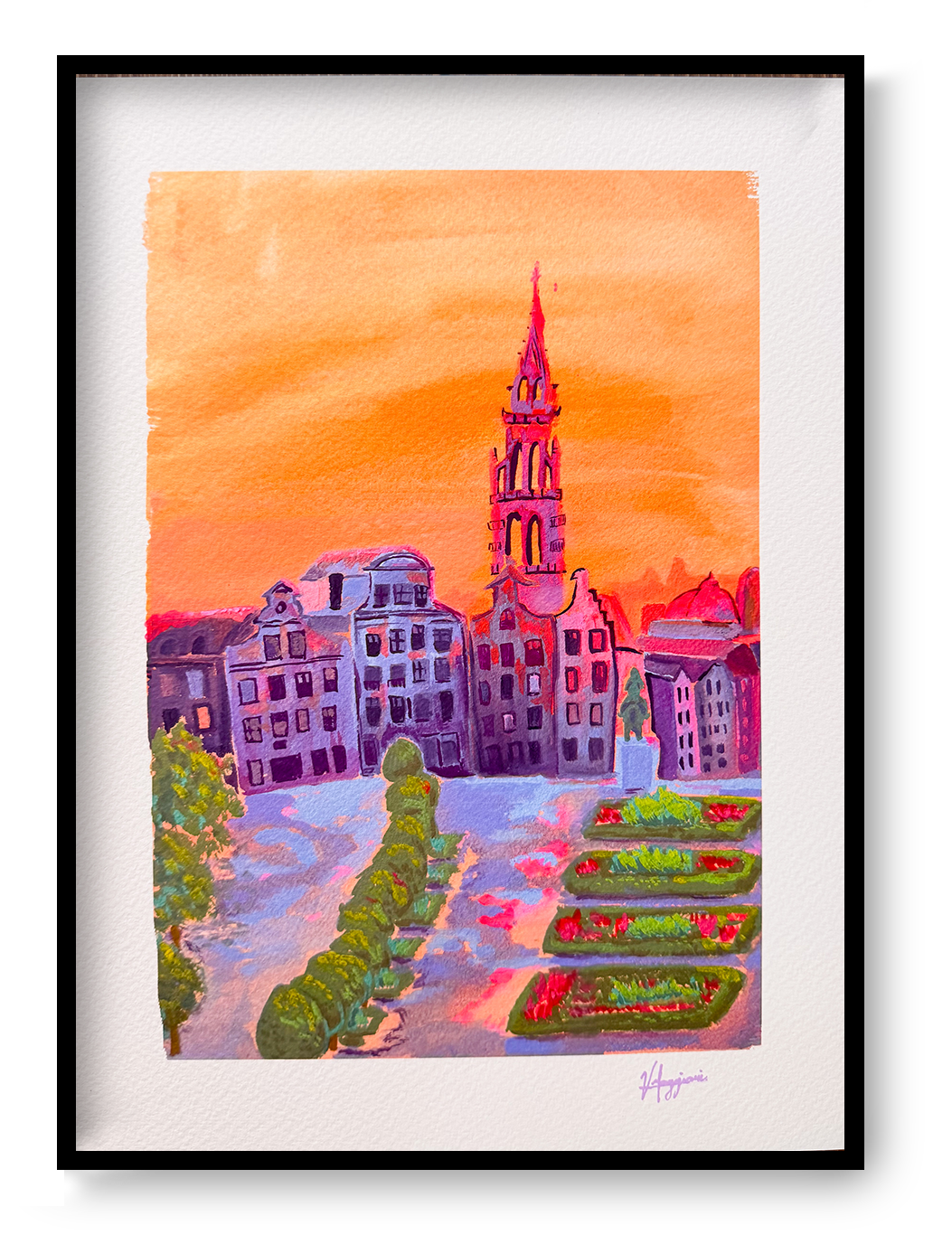 Colorful illustration of Mont des Arts in Brussels at sunset with historic buildings, garden terraces, and warm orange sky, fine art giclée print on textured cotton paper.