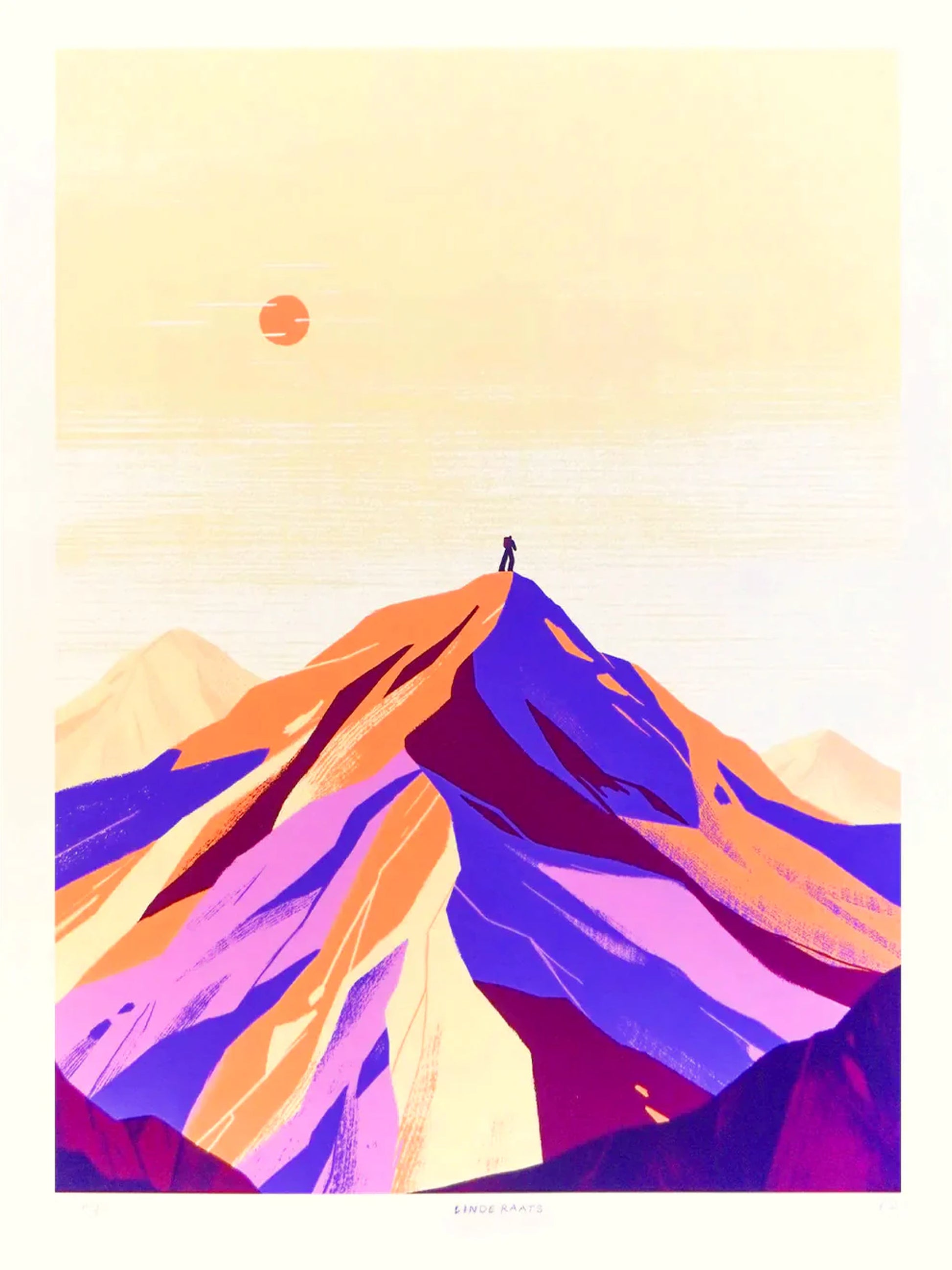 Minimalist giclée art print of the Alps by Belgian illustrator Linde Raats, featuring a pastel-colored mountain landscape in soft purple, peach, and cream tones with a small figure at the summit – 30x40 cm fine art print for modern interiors
