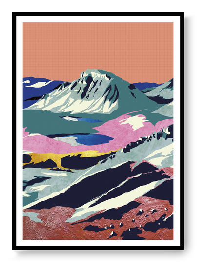 Large contemporary digital collage art print inspired by the Swiss Alps, featuring layered mountain landscapes, vibrant colors, textured surfaces, and abstract forms by Belgian illustrator Gert Paenen.