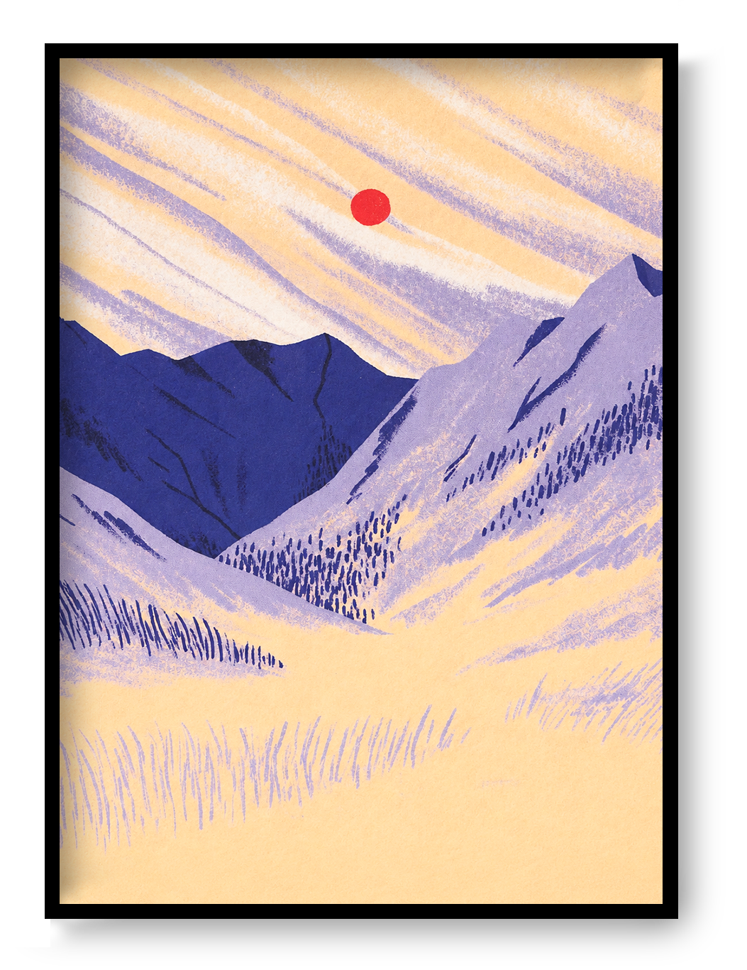 Vertical giclée art print of a peaceful mountain meadow by Linde Raats, featuring layered purple peaks, textured cream slopes and a bright red sun, ideal for modern bedroom or living room wall decor.
