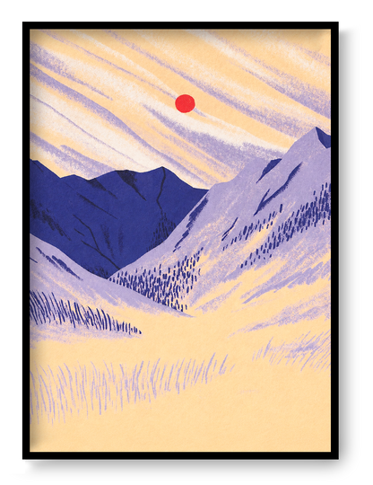 Vertical giclée art print of a peaceful mountain meadow by Linde Raats, featuring layered purple peaks, textured cream slopes and a bright red sun, ideal for modern bedroom or living room wall decor.
