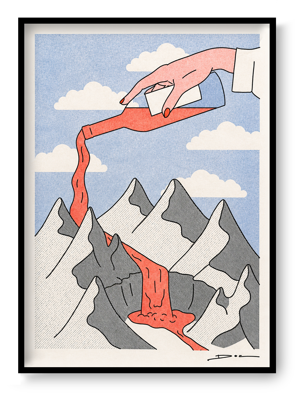 Surreal risograph art print showing a giant hand pouring red wine over snowy mountains, creating a flowing wine river beneath a blue sky with clouds. Contemporary minimalist illustration in portrait format, ideal for kitchens, dining rooms, wine bars, and modern interiors.