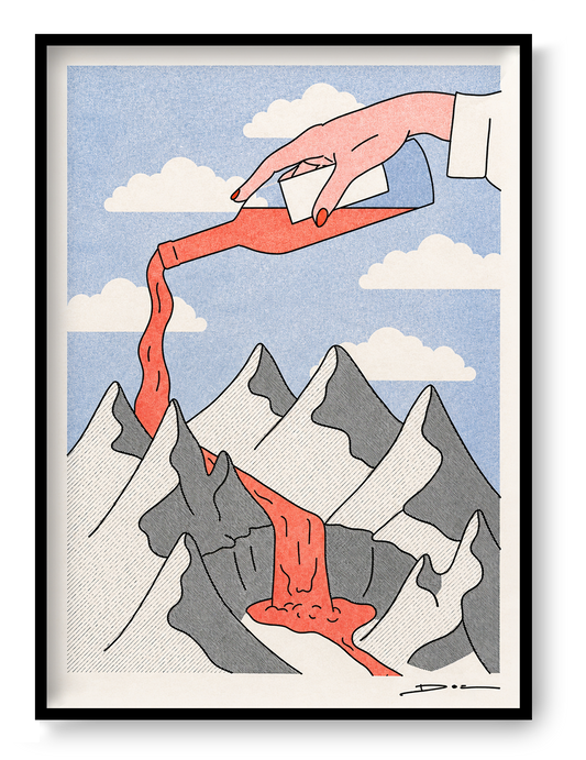 Surreal risograph art print showing a giant hand pouring red wine over snowy mountains, creating a flowing wine river beneath a blue sky with clouds. Contemporary minimalist illustration in portrait format, ideal for kitchens, dining rooms, wine bars, and modern interiors.