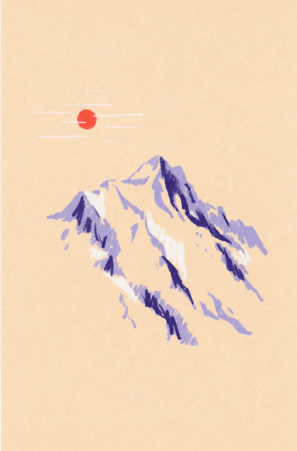 Mountain Sketch by Linde Raats, a vertical A6 giclée print of purple mountain peaks beneath a small red sun on textured cream paper, ideal for calm modern wall decor.