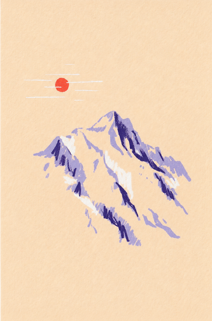 Mountain Sketch by Linde Raats, a vertical A6 giclée print of purple mountain peaks beneath a small red sun on textured cream paper, ideal for calm modern wall decor.