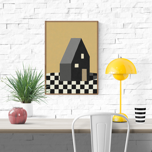 Minimalist house illustration titled “Home I” by MPGMB, featuring a geometric dark house on a black-and-white checkerboard surface with a warm beige background – modern art print on 250g paper, size 30x40 cm.