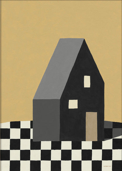 Minimalist house illustration titled “Home I” by MPGMB, featuring a geometric dark house on a black-and-white checkerboard surface with a warm beige background – modern art print on 250g paper, size 30x40 cm.
