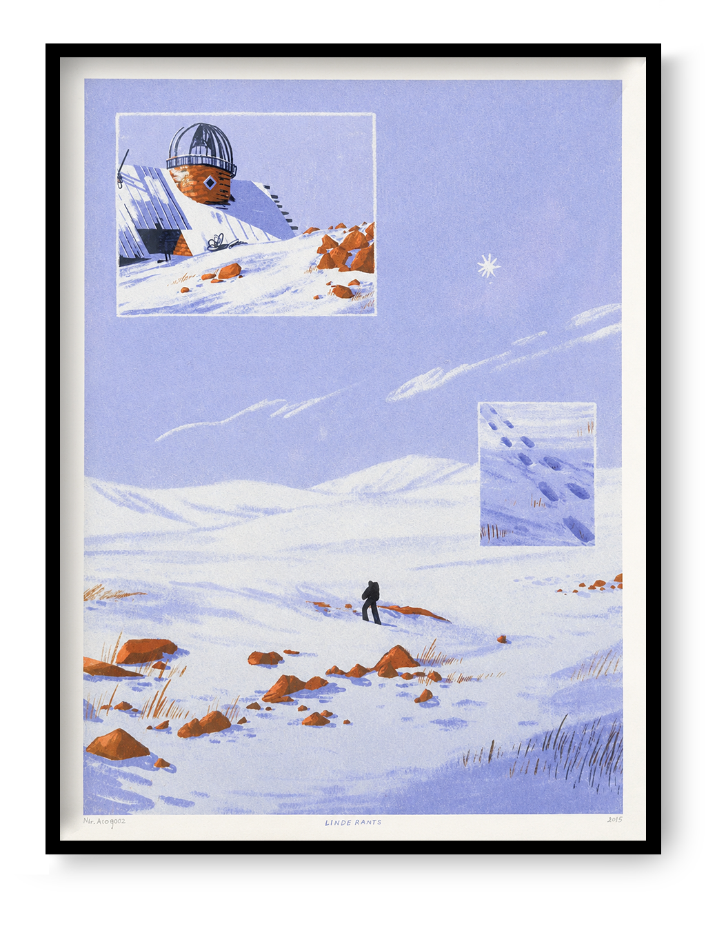 Mt Aragats by Linde Raats, a vertical giclée print showing a lone traveller in a snowy blue mountain landscape with orange rocks and an observatory, ideal as peaceful wall art for a living room or office.