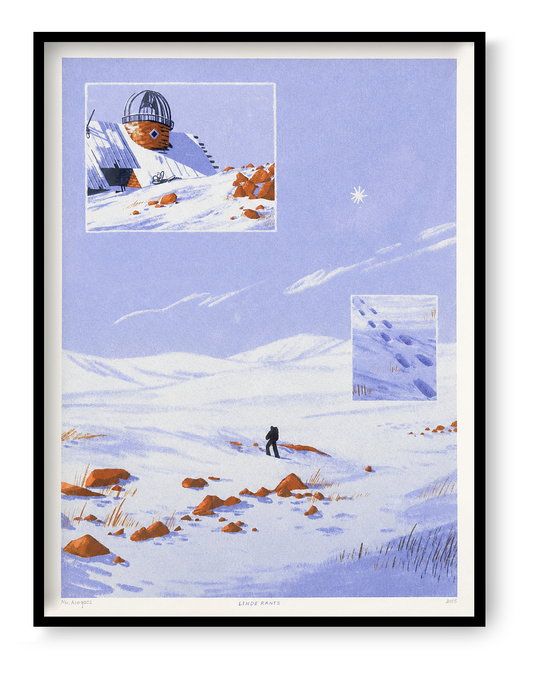 Mt Aragats by Linde Raats, a vertical giclée print showing a lone traveller in a snowy blue mountain landscape with orange rocks and an observatory, ideal as peaceful wall art for a living room or office.