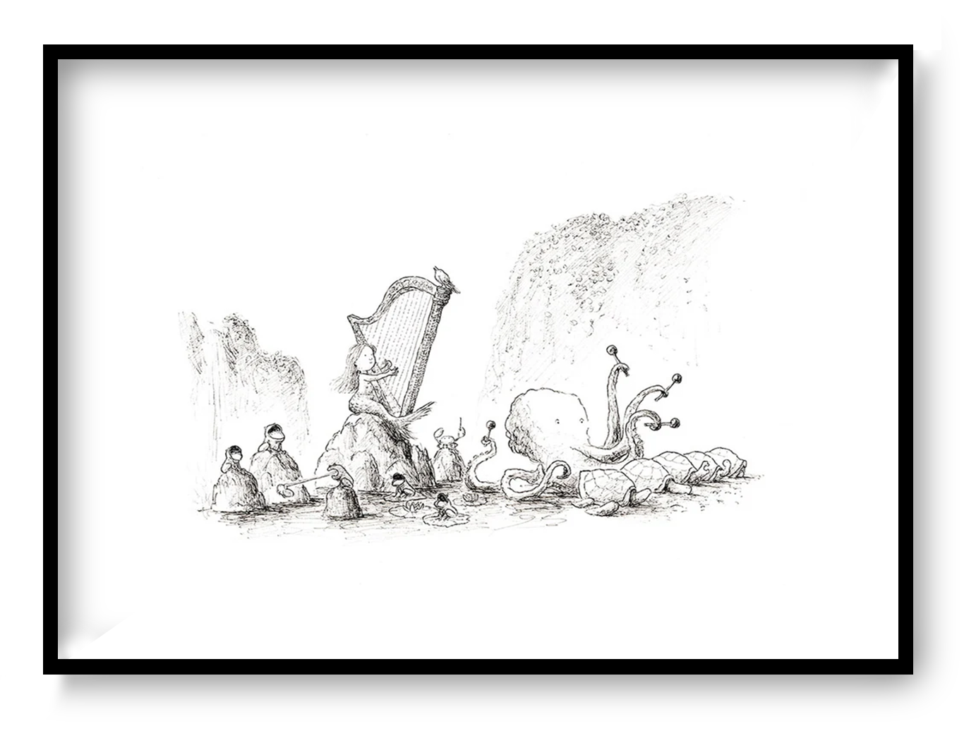 Surreal black-and-white illustration of a harp surrounded by whimsical animals and mythical sea creatures, printed as an A4 giclée on Hahnemühle Photo Rag paper. A horizontal fine art print for peaceful, imaginative home decor.