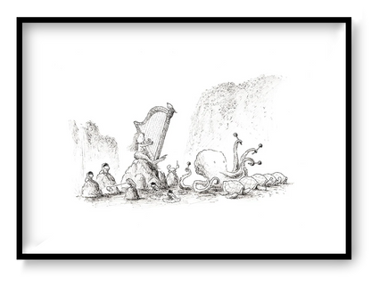 Surreal black-and-white illustration of a harp surrounded by whimsical animals and mythical sea creatures, printed as an A4 giclée on Hahnemühle Photo Rag paper. A horizontal fine art print for peaceful, imaginative home decor.