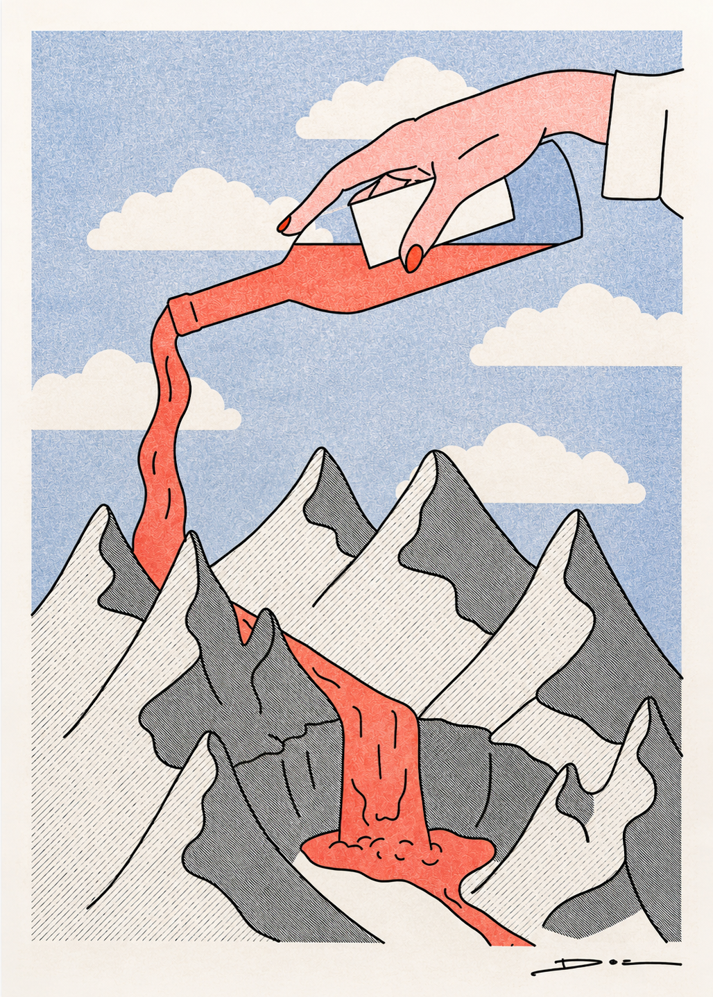 Surreal risograph art print showing a giant hand pouring red wine over snowy mountains, creating a flowing wine river beneath a blue sky with clouds. Contemporary minimalist illustration in portrait format, ideal for kitchens, dining rooms, wine bars, and modern interiors.