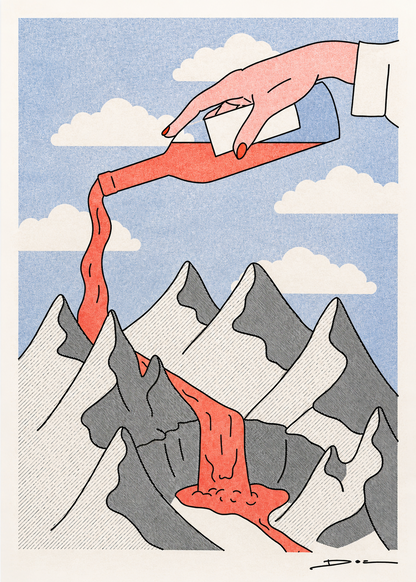 Surreal risograph art print showing a giant hand pouring red wine over snowy mountains, creating a flowing wine river beneath a blue sky with clouds. Contemporary minimalist illustration in portrait format, ideal for kitchens, dining rooms, wine bars, and modern interiors.