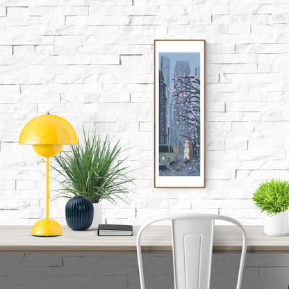 Mystery giclée art print by Willy Leung in vertical format depicting a quiet city street scene with subtle tension and storytelling atmosphere, printed on fine art paper.