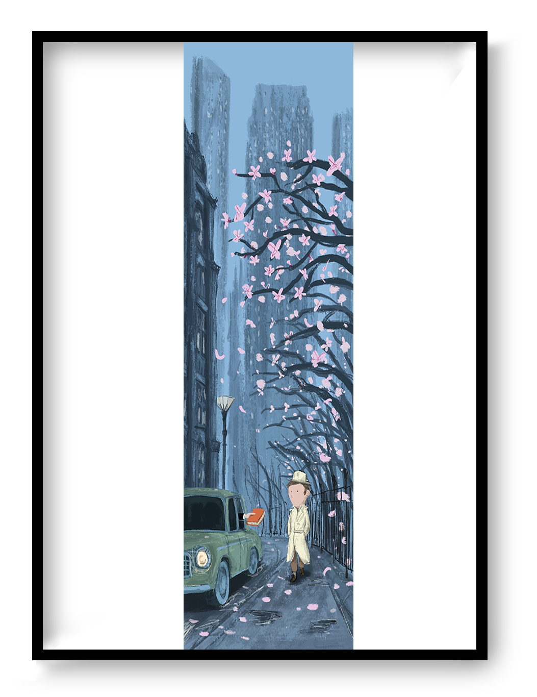 Mystery giclée art print by Willy Leung in vertical format depicting a quiet city street scene with subtle tension and storytelling atmosphere, printed on fine art paper.