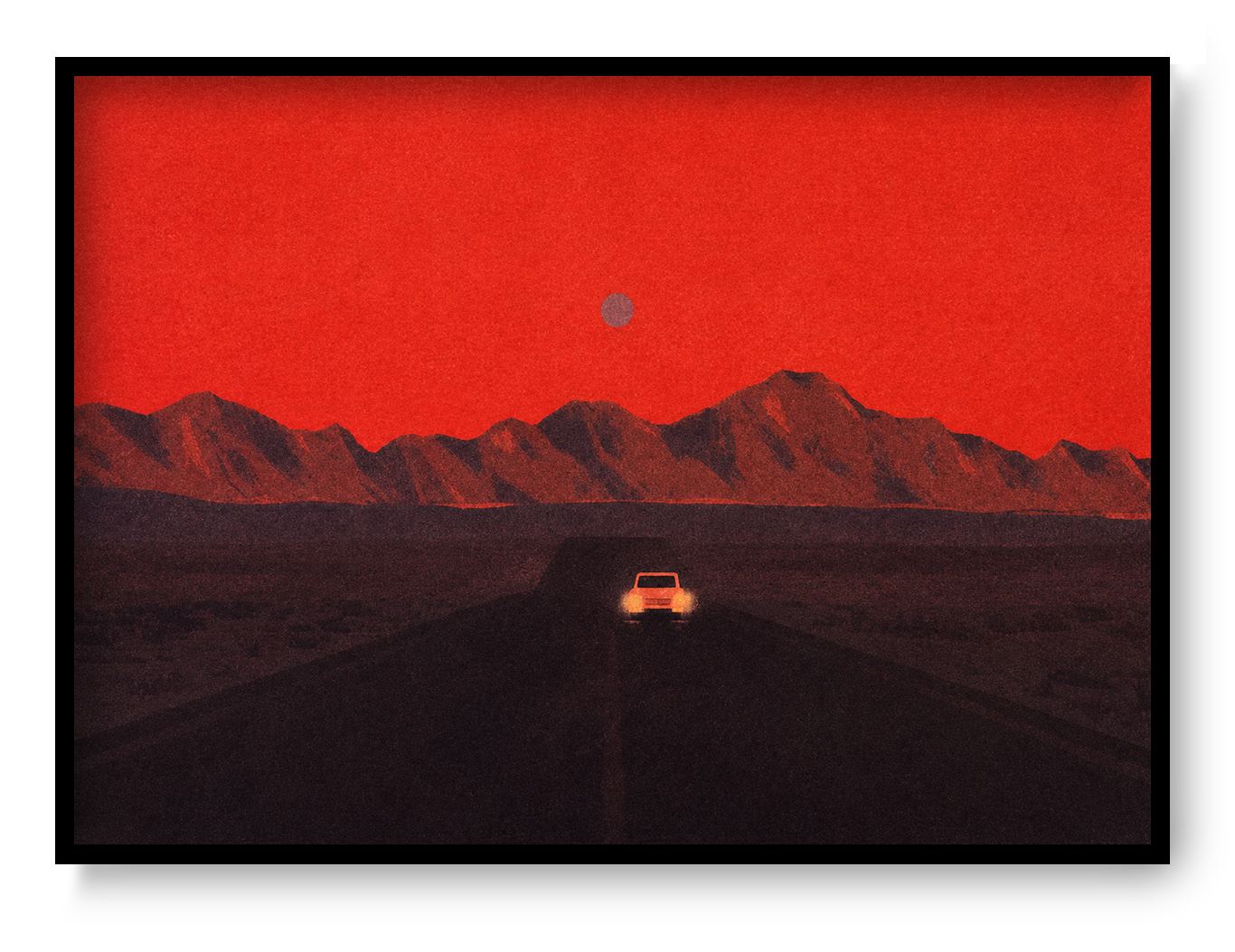 Namibia by Linde Raats, horizontal A6 giclée print showing a car driving toward dark mountains beneath a textured red sky, atmospheric wall art for modern home decor.