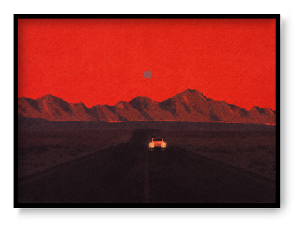 Namibia by Linde Raats, horizontal A6 giclée print showing a car driving toward dark mountains beneath a textured red sky, atmospheric wall art for modern home decor.