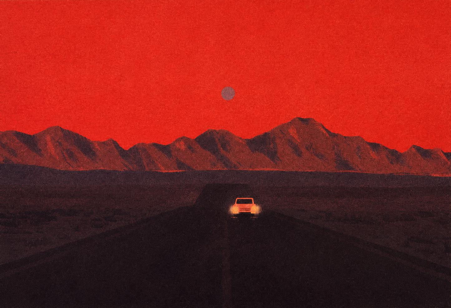 Namibia by Linde Raats, horizontal A6 giclée print showing a car driving toward dark mountains beneath a textured red sky, atmospheric wall art for modern home decor.
