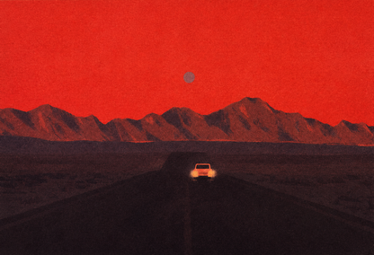 Namibia by Linde Raats, horizontal A6 giclée print showing a car driving toward dark mountains beneath a textured red sky, atmospheric wall art for modern home decor.
