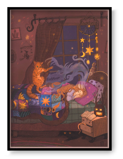Whimsical fantasy bedroom illustration featuring a sleeping girl, magical dream dragon, protective cat, glowing stars, dreamcatcher and witchy decor. Detailed vertical giclée art print in warm purple, gold and blue tones for cozy home decor.