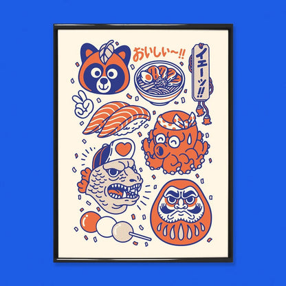 Nihon art print by Yeaaah! Studio featuring colorful Japanese pop culture icons including sushi, ramen, Daruma doll, octopus mascot, Godzilla-style fish, and red panda, in orange, blue, and cream tones. Printed on 300g Old Mill Premium White paper, 30x40 cm, digital print, made in France, unframed.