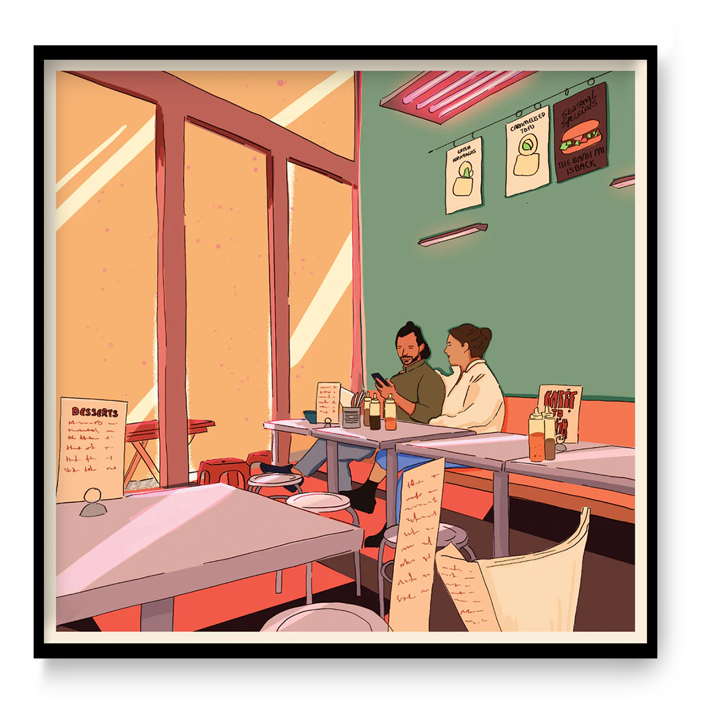 couple eating noodles in cozy restaurant interior illustration modern food lifestyle wall art kitchen dining room decor print