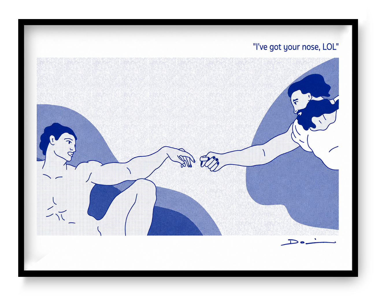 Humorous risograph art print reinterpreting Michelangelo’s Creation of Adam with a playful “I’ve got your nose” gesture, minimalist blue illustration by Studio Stoutpoep.