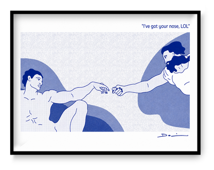 Humorous risograph art print reinterpreting Michelangelo’s Creation of Adam with a playful “I’ve got your nose” gesture, minimalist blue illustration by Studio Stoutpoep.