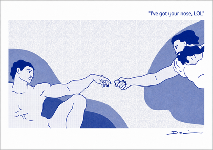 Humorous risograph art print reinterpreting Michelangelo’s Creation of Adam with a playful “I’ve got your nose” gesture, minimalist blue illustration by Studio Stoutpoep.