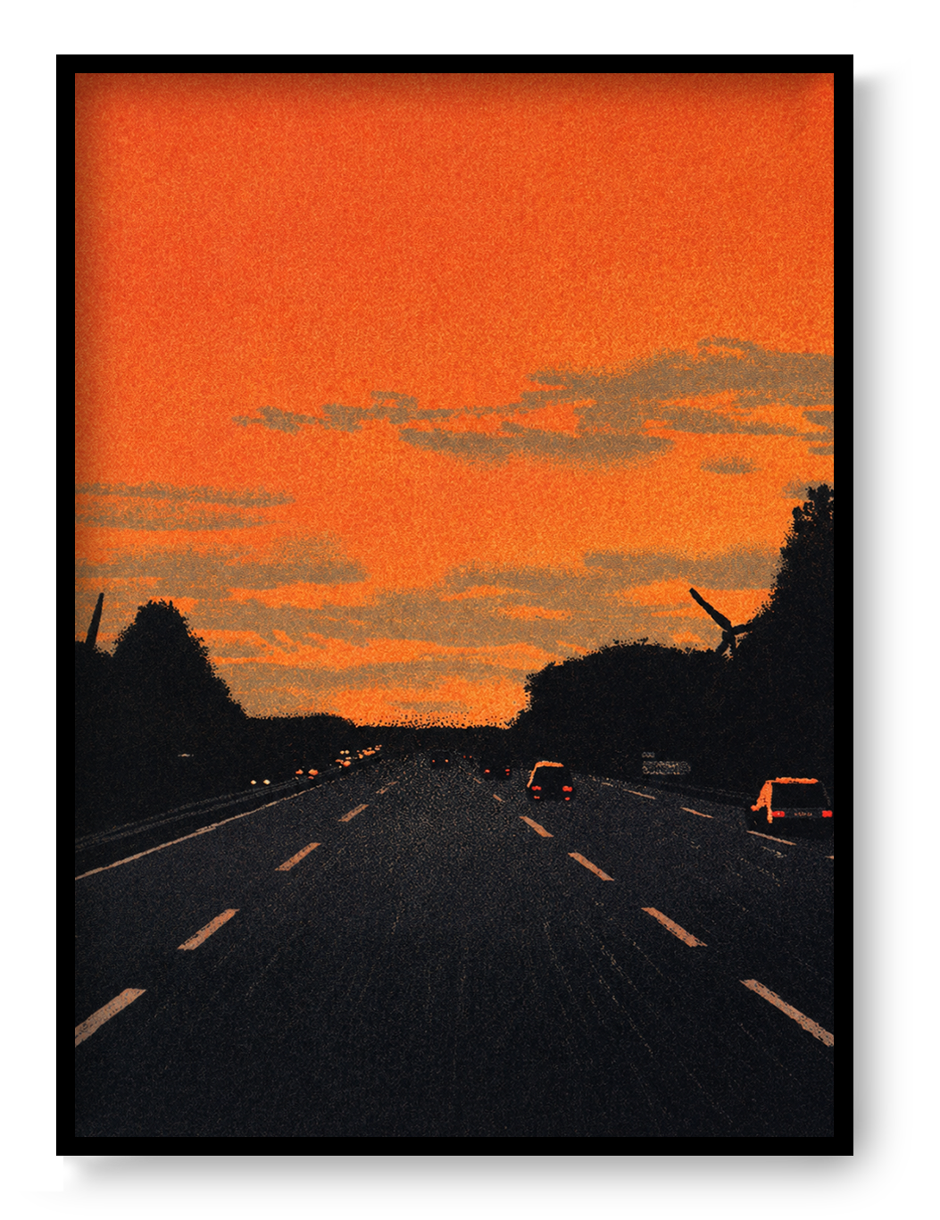 Vertical giclée art print showing cars driving along a dark motorway beneath a vivid orange sunset, with textured clouds and black tree silhouettes, ideal for modern hallway, office or gallery wall decor.